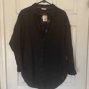 Free People Black Textured Oversized Button Up Top
